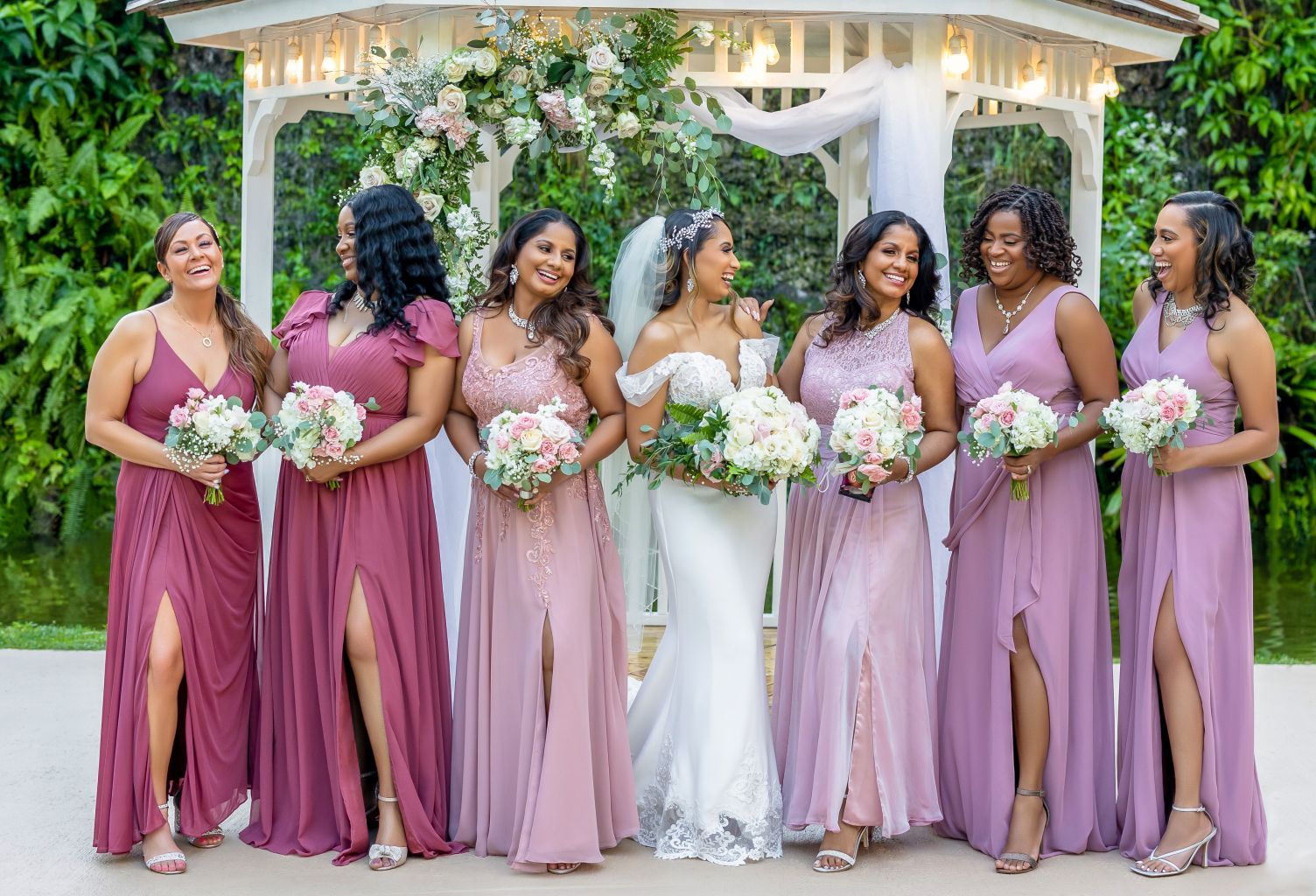 Bride and bridesmaids in the Loveland garden