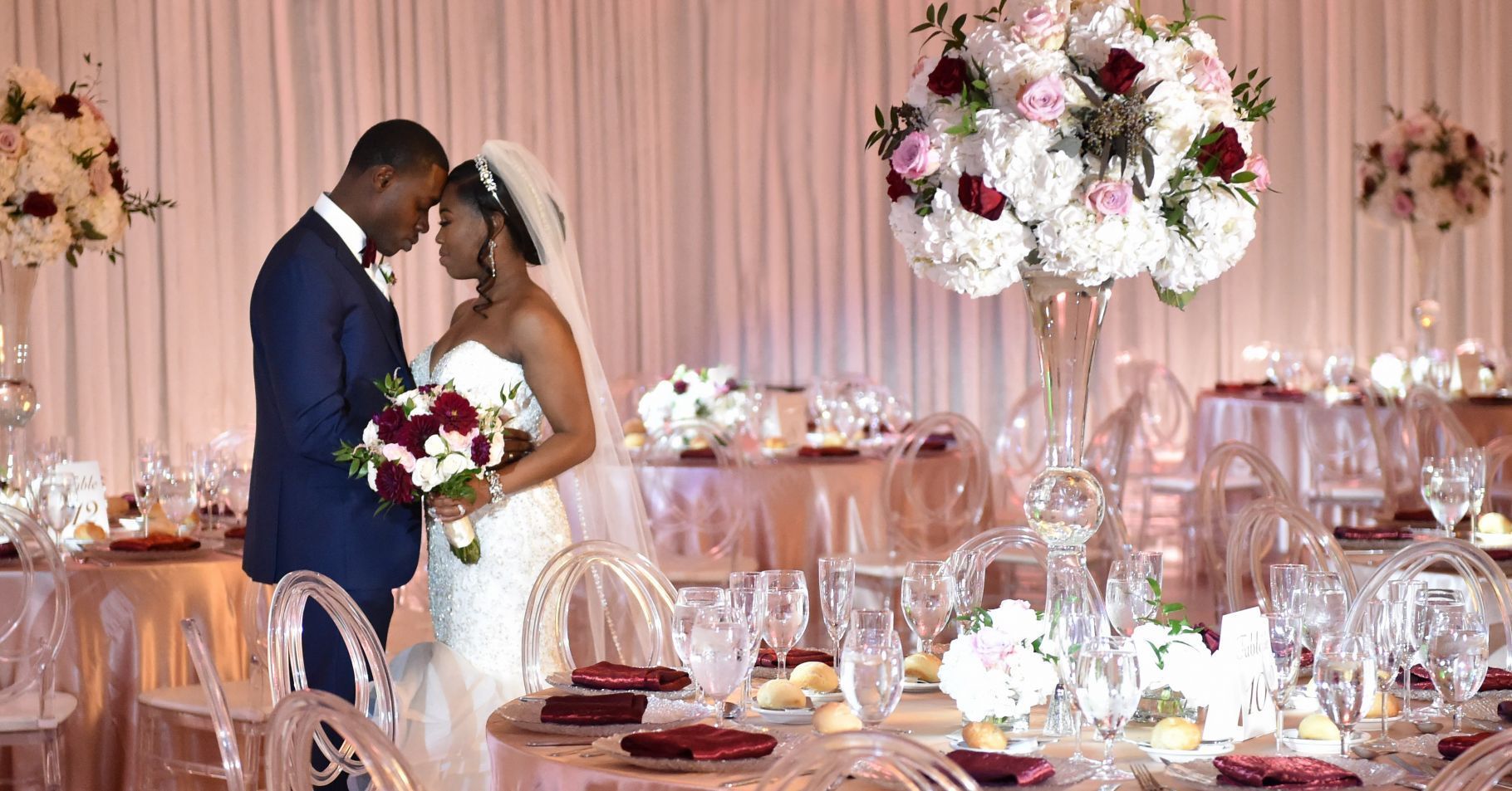 Elegant indoor wedding reception with florals